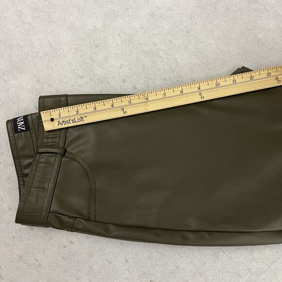 Zara Faux Leather Pants Womens Size Medium Olive Green Hi Rise Ankle Zip Legging - Picture 6 of 12
